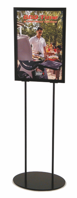 Poster stand with oval shape steel base
